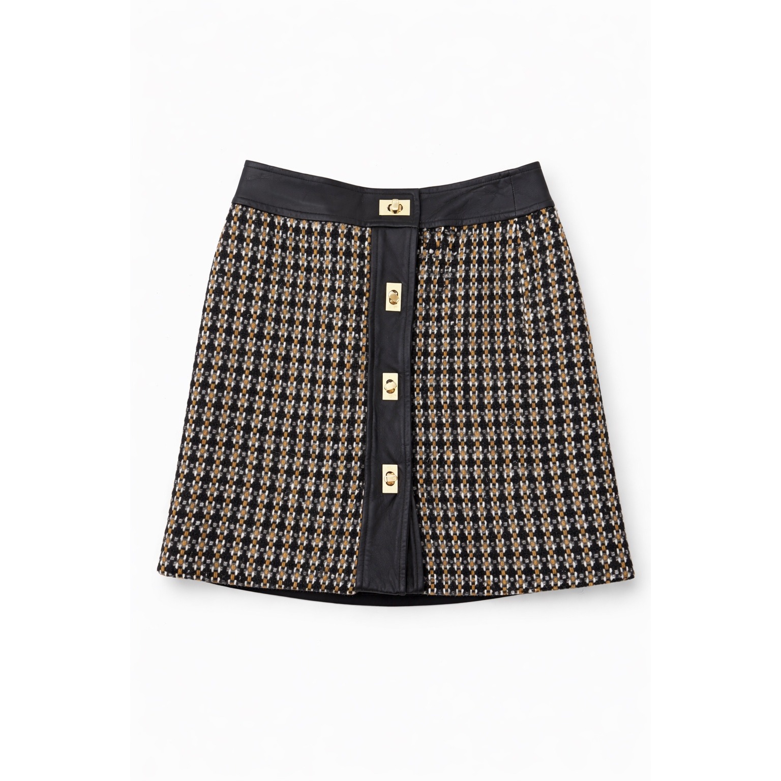 Milly Tweed Leather Trim Button Front Mini Skirt Black Gold Size 4